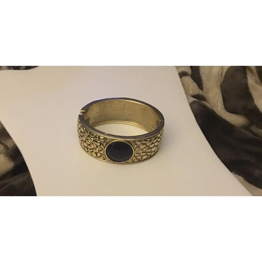 Pebbled Texture Gold & Round Black Faceted Crystal Wide Bangle Bracelet